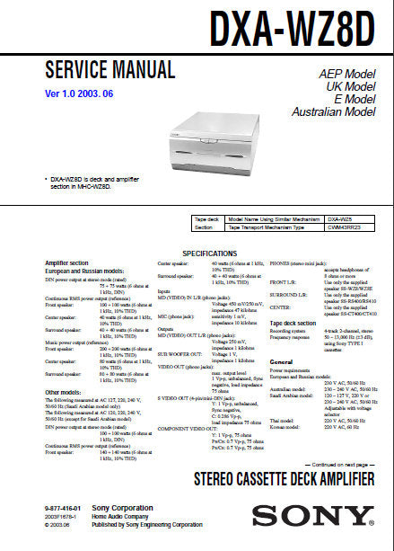 SONY DXA-WZ8D STEREO CASSETTE DECK AMPLIFIER SERVICE MANUAL INC BLK DIAG PCBS SCHEM DIAGS AND PARTS LIST 28 PAGES ENG