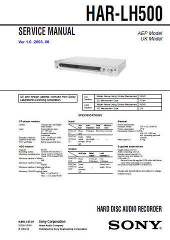 SONY HAR-LH500 HARD DISC AUDIO RECORDER SERVICE MANUAL INC BLK DIAGS PCBS SCHEM DIAGS AND PARTS LIST 46 PAGES ENG