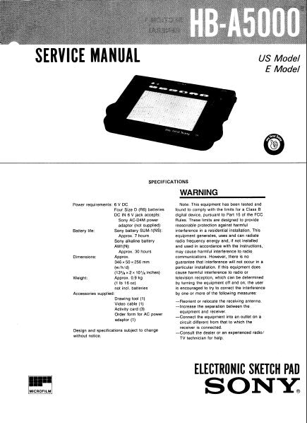 SONY HB-A5000 ELECTRONIC SKETCH PAD SERVICE MANUAL INC PCBS SCHEM DIAG AND PARTS LIST 12 PAGES ENG