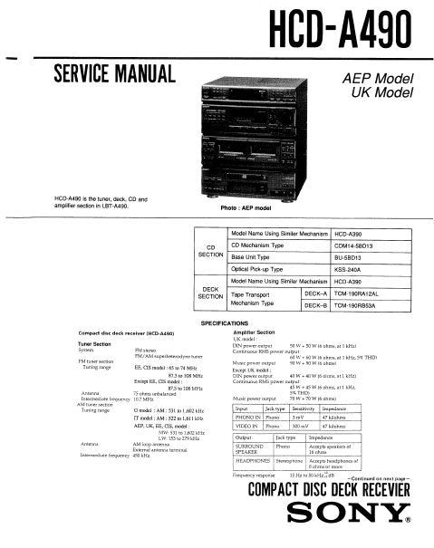 SONY HCD-A490 CD DECK RECEIVER SERVICE MANUAL INC BLK DIAGS PCBS SCHEM DIAGS AND PARTS LIST 71 PAGES ENG