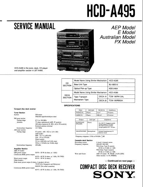 SONY HCD-A495 CD DECK RECEIVER SERVICE MANUAL INC BLK DIAGS PCBS SCHEM DIAGS AND PARTS LIST 71 PAGES ENG