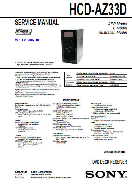 SONY HCD-AZ33D DVD DECK RECEIVER SERVICE MANUAL INC BLK DIAGS PCBS SCHEM DIAGS AND PARTS LIST 152 PAGES ENG