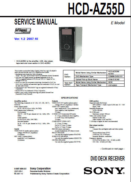 SONY HCD-AZ55D DVD DECK RECEIVER SERVICE MANUAL INC BLK DIAGS PCBS SCHEM DIAGS AND PARTS LIST 164 PAGES ENG