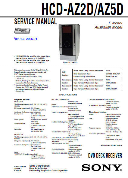 SONY HCD-AZ72D HCD-AZ5D DVD DECK RECEIVER SERVICE MANUAL INC BLK DIAGS PCBS SCHEM DIAGS AND PARTS LIST 116 PAGES ENG