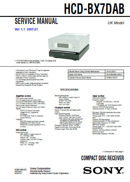 SONY HCD-BX7DAB CD RECEIVER SERVICE MANUAL INC BLK DIAGS PCBS SCHEM DIAGS AND PARTS LIST 76 PAGES ENG