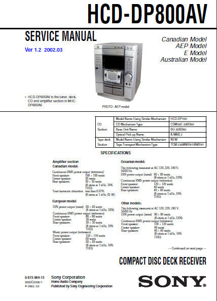 SONY HCD-DP800AV CD DECK RECEIVER SERVICE MANUAL INC BLK DIAGS PCBS SCHEM DIAGS AND PARTS LIST 84 PAGES ENG