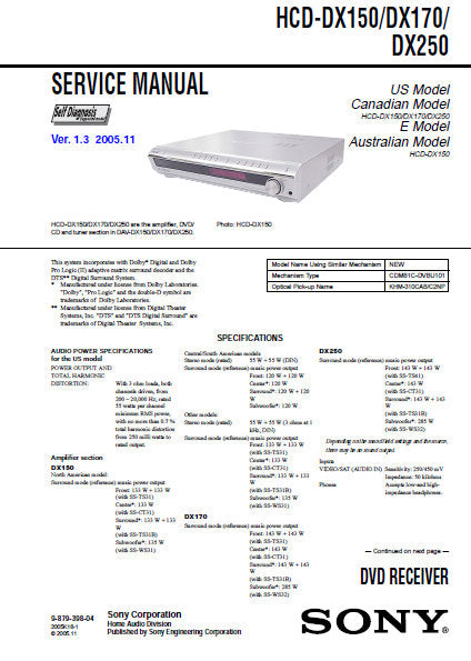 SONY HCD-DX150 HCD-DX170 HCD-DX250 DVD RECEIVER SERVICE MANUAL INC BLK DIAGS PCBS SCHEM DIAGS AND PARTS LIST 94 PAGES ENG