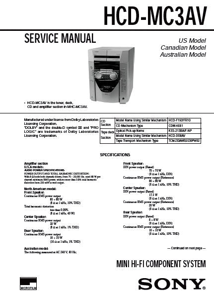 SONY HCD-MC3AV MINI HIFI COMPONENT SYSTEM SERVICE MANUAL INC BLK DIAGS PCBS SCHEM DIAGS AND PARTS LIST 82 PAGES ENG