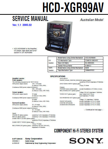 SONY HCD-XGR99AV COMPACT HIFI STEREO SYSTEM SERVICE MANUAL INC BLK DIAGS PCBS SCHEM DIAGS AND PARTS LIST 82 PAGES ENG