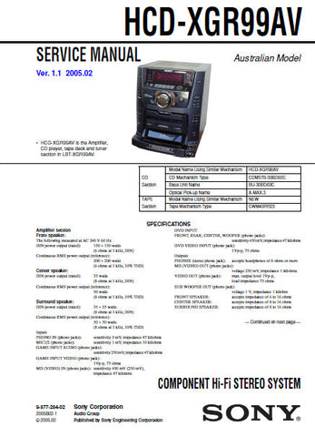SONY HCD-XGR99AV COMPACT HIFI STEREO SYSTEM SERVICE MANUAL INC BLK DIAGS PCBS SCHEM DIAGS AND PARTS LIST 82 PAGES ENG