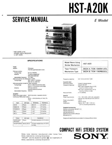 SONY HST-A20K COMPACT HIFI STEREO SYSTEM SERVICE MANUAL INC PCBS SCHEM DIAGS AND PARTS LIST 38 PAGES ENG