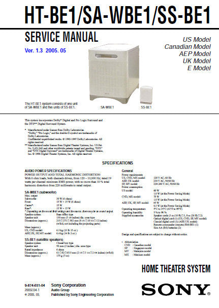 SONY HT-BE1 SA-WBE1 SS-BE1 HOME THEATRE SYSTEM SERVICE MANUAL INC BLK DIAGS PCBS SCHEM DIAGS AND PARTS LIST 56 PAGES ENG