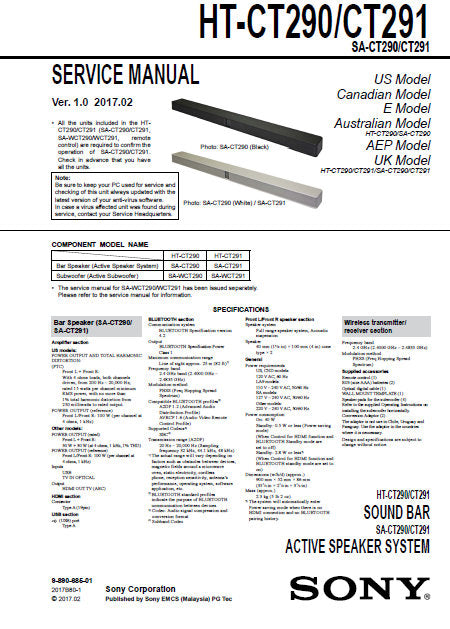 SONY HT-CT290 HT-CT291 SA-CT290 SA-CT291 SOUND BAR AND ACTIVE SPEAKER SYSTEM SERVICE MANUAL INC BLK DIAGS PCBS SCHEM DIAGS AND PARTS LIST 42 PAGES ENG