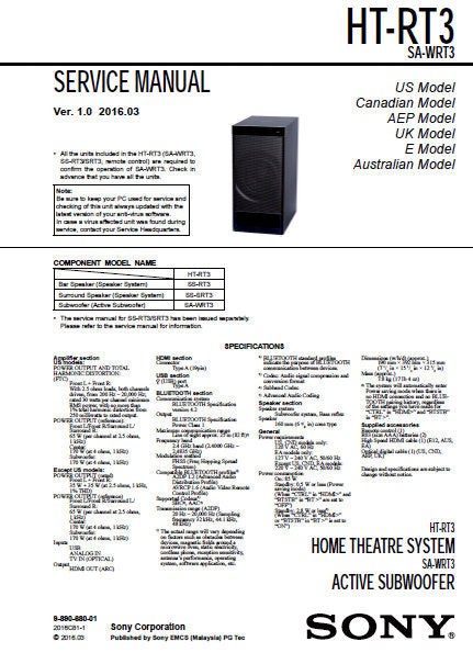 SONY HT-RT3 HOME THEATRE SYSTEM SERVICE MANUAL INC BLK DIAGS PCBS SCHEM DIAGS AND PARTS LIST 36 PAGES ENG