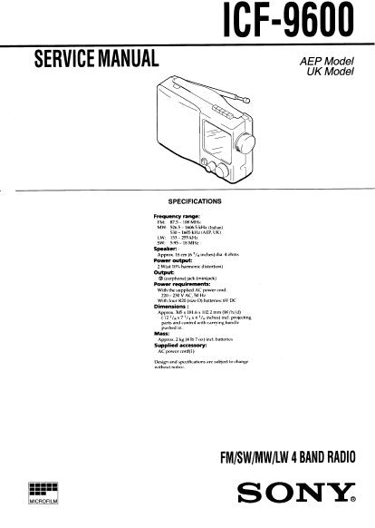 SONY ICF-9600 FM SW MW LW 4 BAND RADIO SERVICE MANUAL INC PCBS SCHEM DIAG AND PARTS LIST 20 PAGES ENG