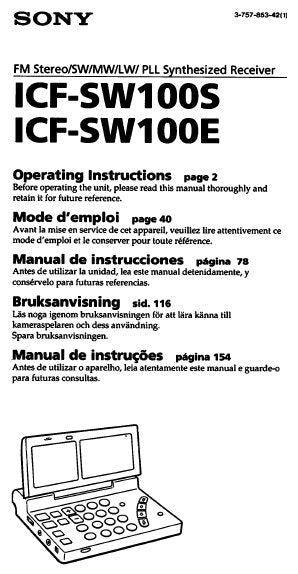 SONY ICF-SW100S ICF-SW100E FM STEREO SW MW LW PLL SYNTHESIZED RECEIVER OPERATING INSTRUCTIONS 191 PAGES ENG FRANC ESP NL PORT