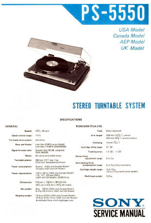 SONY PS-5550 STEREO TURNTABLE SYSTEM SERVICE MANUAL INC BLK DIAG PCB SCHEM DIAG AND PARTS LIST 28 PAGES ENG
