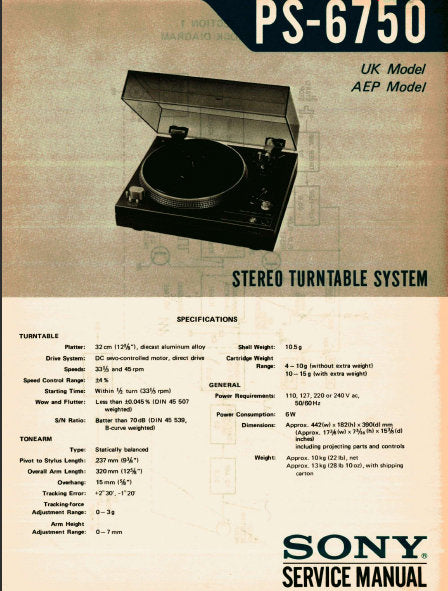 SONY PS-6750 STEREO TURNTABLE SYSTEM SERVICE MANUAL INC BLK DIAG PCBS SCHEM DIAG AND PARTS LIST 14 PAGES ENG