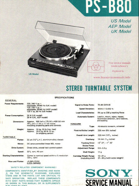 SONY PS-B80 STEREO TURNTABLE SYSTEM SERVICE MANUAL INC BLK DIAG PCBS SCHEM DIAG AND PARTS LIST 52 PAGES ENG