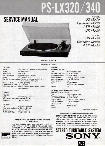 SONY PS-LX320 PS-LX340 STEREO TURNTABLE SYSTEM SERVICE MANUAL INC BLK DIAG PCBS SCHEM DIAG WIRING DIAG AND PARTS LIST 24 PAGES ENG