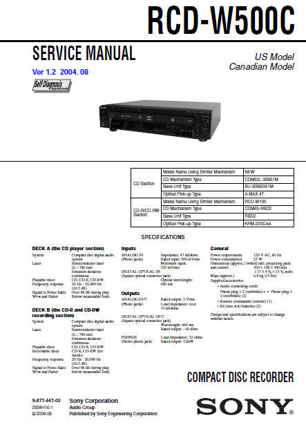 SONY RCD-W500C CD RECORDER SERVICE MANUAL INC BLK DIAGS PCBS SCHEM DIAGS AND PARTS LIST 114 PAGES ENG
