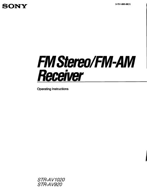 SONY STR-AV920 STR-AV1020 FM STEREO FM AM RECEIVER OPERATING INSTRUCTIONS 42 PAGES ENG