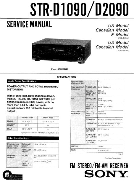 SONY STR-D1090 STR-D2090 FM STEREO FM AM RECEIVER SERVICE MANUAL INC BLK DIAGS PCBS SCHEM DIAGS AND PARTS LIST 57 PAGES ENG
