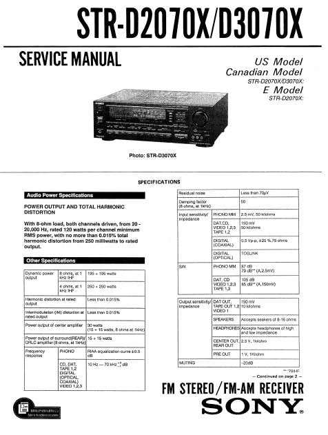 SONY STR-D2070X STR-D3070X FM STEREO FM AM RECEIVER SERVICE MANUAL INC BLK DIAGS PCBS SCHEM DIAGS AND PARTS LIST 52 PAGES ENG