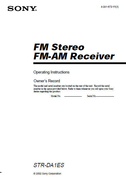 SONY STR-DA1ES FM STEREO FM AM RECEIVER OPERATING INSTRUCTIONS 64 PAGES ENG