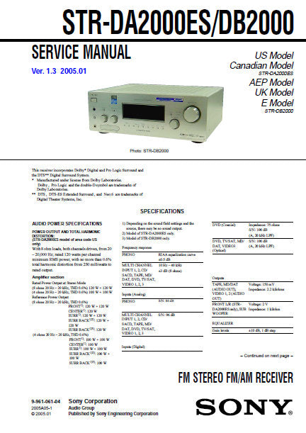 SONY STR-DA2000ES STR-DB2000 FM STEREO FM AM RECEIVER SERVICE MANUAL INC BLK DIAGS PCBS SCHEM DIAGS AND PARTS LIST 158 PAGES ENG