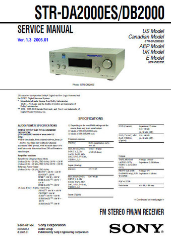 SONY STR-DA2000ES STR-DB2000 FM STEREO FM AM RECEIVER SERVICE MANUAL INC BLK DIAGS PCBS SCHEM DIAGS AND PARTS LIST 158 PAGES ENG