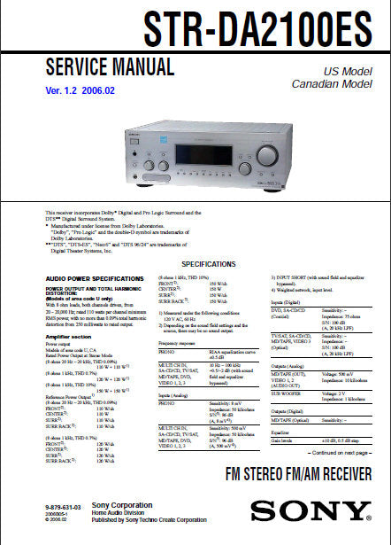 SONY STR-DA2100ES FM STEREO FM AM RECEIVER SERVICE MANUAL INC BLK DIAGS PCBS SCHEM DIAGS AND PARTS LIST 94 PAGES ENG