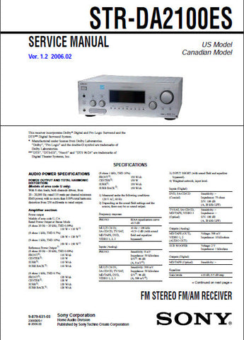 SONY STR-DA2100ES FM STEREO FM AM RECEIVER SERVICE MANUAL INC BLK DIAGS PCBS SCHEM DIAGS AND PARTS LIST 94 PAGES ENG