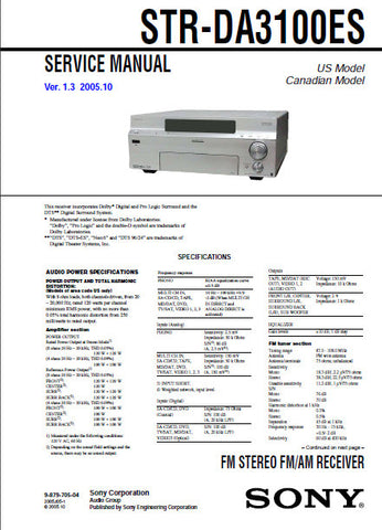 SONY STR-DA3100ES FM STEREO FM AM RECEIVER SERVICE MANUAL INC BLK DIAGS PCBS SCHEM DIAGS AND PARTS LIST 144 PAGES ENG