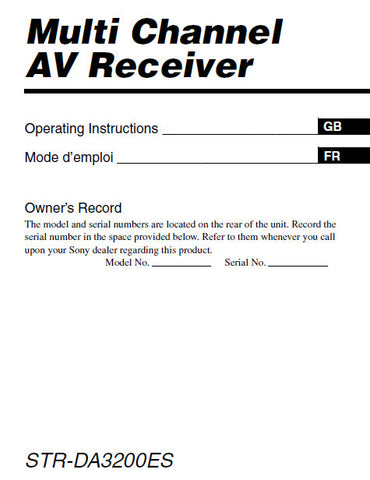 SONY STR-DA3200ES MULTI CHANNEL AV RECEIVER OPERATING INSTRUCTIONS 263 PAGES ENG