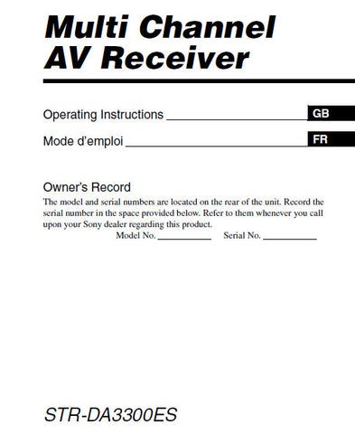 SONY STR-DA3300ES MULTI CHANNEL AV RECEIVER OPERATING INSTRUCTIONS 294 PAGES ENG