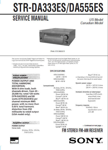 SONY STR-DA333ES STR-DA555ES FM STEREO FM AM RECEIVER SERVICE MANUAL INC BLK DIAG PCBS SCHEM DIAGS AND PARTS LIST 66 PAGES ENG