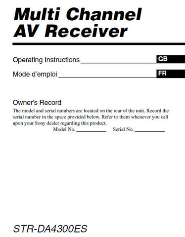 SONY STR-DA4300ES MULTI CHANNEL AV RECEIVER OPERATING INSTRUCTIONS 302 PAGES ENG