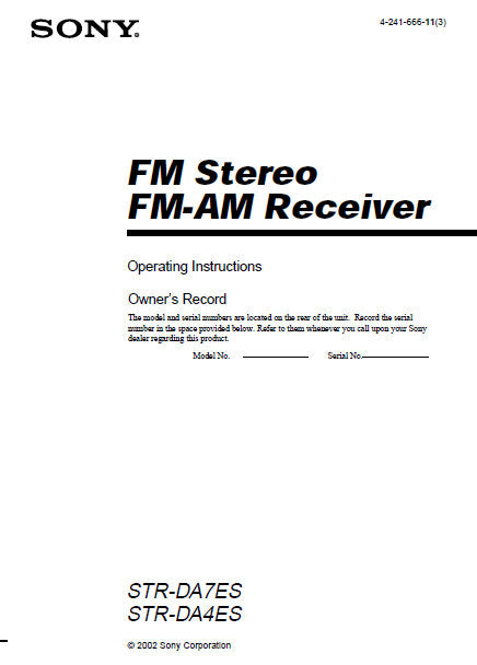 SONY STR-DA4ES STR-DA7ES FM STEREO FM AM RECEIVER OPERATING INSTRUCTIONS 80 PAGES ENG