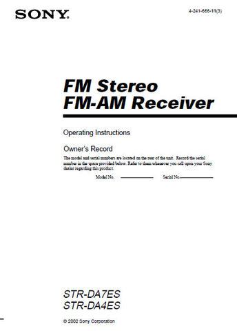 SONY STR-DA4ES STR-DA7ES FM STEREO FM AM RECEIVER OPERATING INSTRUCTIONS 80 PAGES ENG
