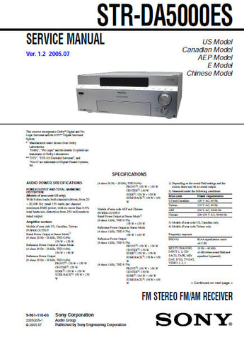 SONY STR-DA5000ES FM STEREO FM AM RECEIVER SERVICE MANUAL INC BLK DIAGS PCBS SCHEM DIAGS AND PARTS LIST 170 PAGES ENG