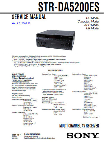SONY STR-DA5200ES MULTI CHANNEL AV RECEIVER SERVICE MANUAL INC BLK DIAGS PCBS SCHEM DIAGS AND PARTS LIST 194 PAGES ENG