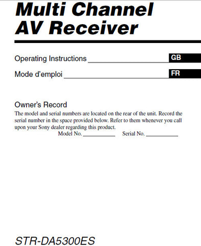 SONY STR-DA5300ES MULTI CHANNEL AV RECEIVER OPERATING INSTRUCTIONS 310 PAGES ENG FRANC
