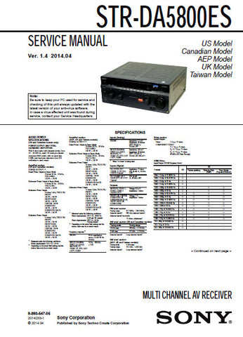 SONY STR-DA5800ES MULTI CHANNEL AV RECEIVER SERVICE MANUAL INC BLK DIAGS PCBS SCHEM DIAGS AND PARTS LIST 299 PAGES ENG