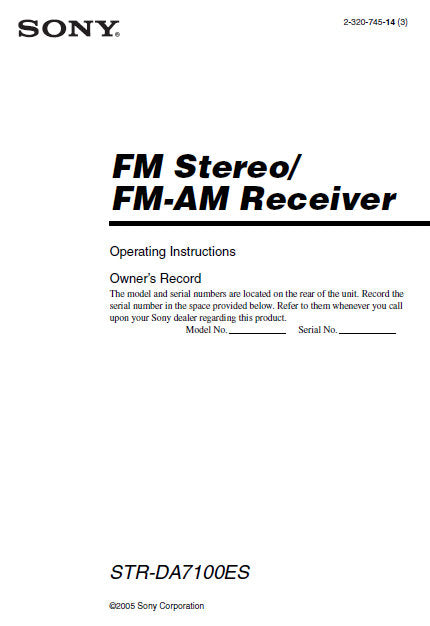 SONY STR-DA7100ES FM STEREO FM AM RECEIVER OPERATING INSTRUCTIONS 139 PAGES ENG