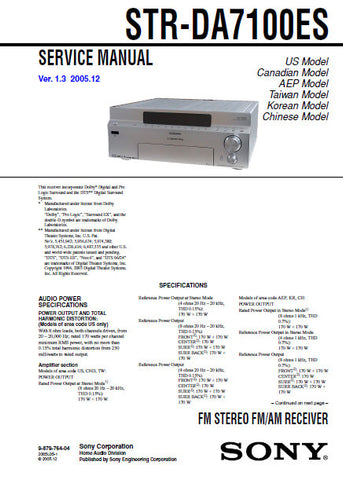 SONY STR-DA7100ES FM STEREO FM AM RECEIVER SERVICE MANUAL INC BLK DIAGS PCBS SCHEM DIAGS AND PARTS LIST 240 PAGES ENG