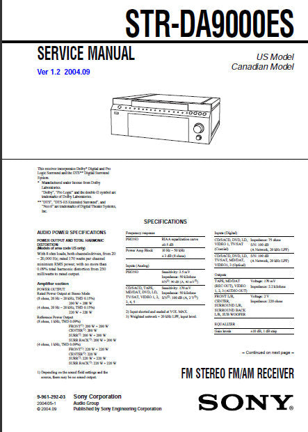 SONY STR-DA9000ES FM STEREO FM AM RECEIVER SERVICE MANUAL INC BLK DIAGS PCBS SCHEM DIAGS AND PARTS LIST 202 PAGES ENG