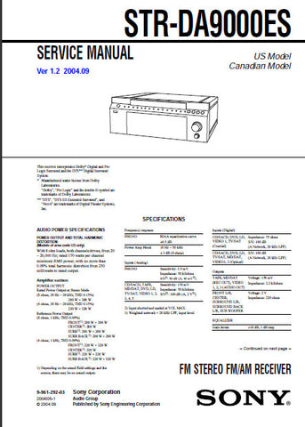 SONY STR-DA9000ES FM STEREO FM AM RECEIVER SERVICE MANUAL INC BLK DIAGS PCBS SCHEM DIAGS AND PARTS LIST 202 PAGES ENG