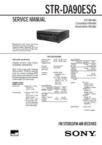 SONY STR-DA90ESG FM STEREO FM AM RECEIVER SERVICE MANUAL INC PCBS SCHEM DIAGS AND PARTS LIST 71 PAGES ENG