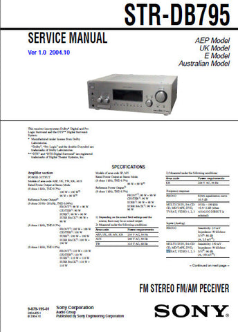 SONY STR-DB795 FM STEREO FM AM RECEIVER SERVICE MANUAL INC BLK DIAGS PCBS SCHEM DIAGS AND PARTS LIST 98 PAGES ENG